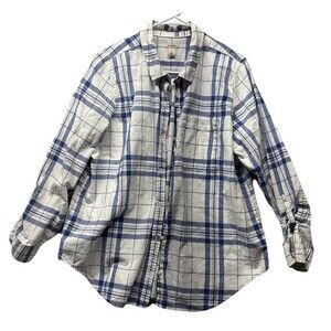 LL Bean Shirt Women's XL Plaid Button Up ID513984 Organic Cotton Blue White